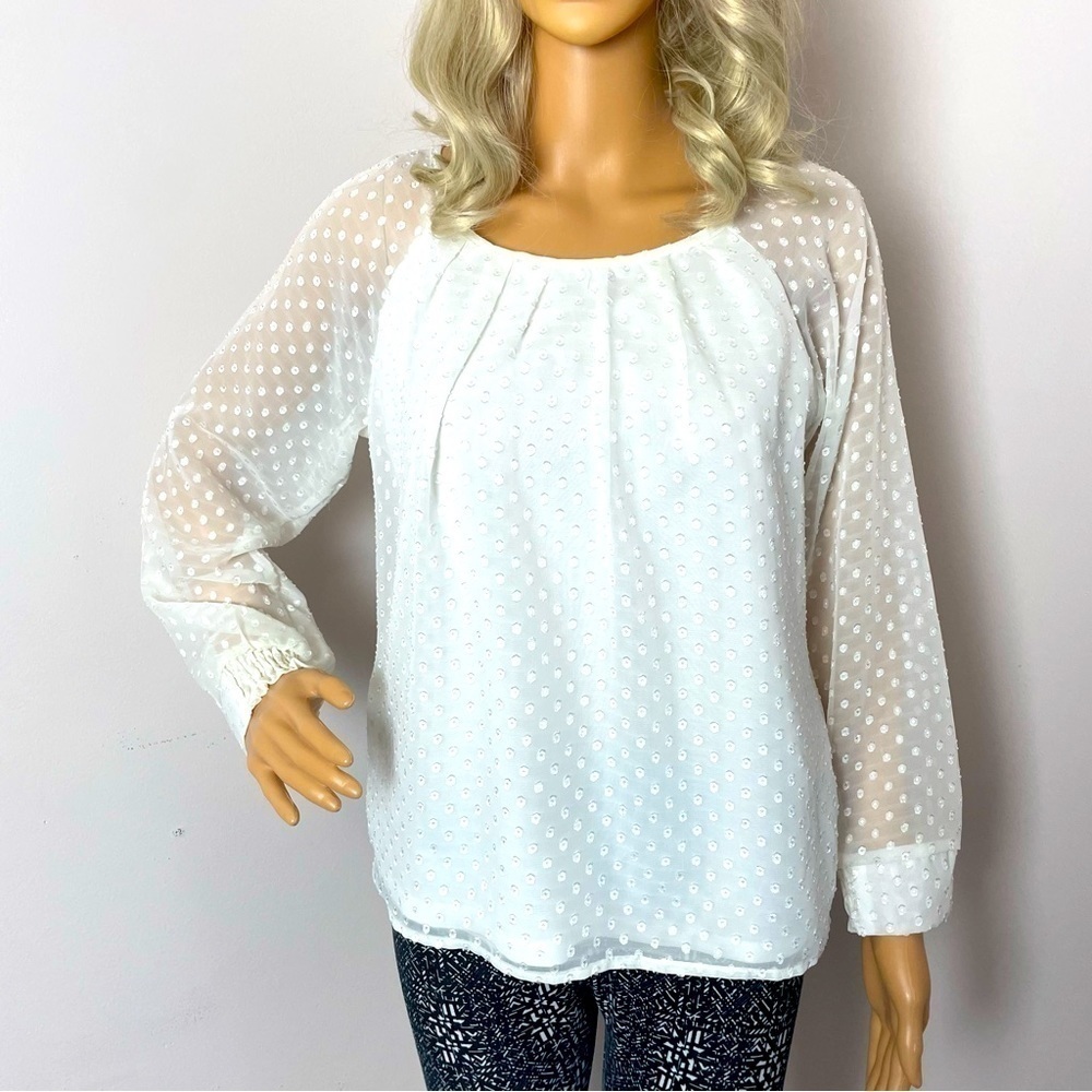 Notations Blouse Pleated Neck Sheer Sleeves High/Low Hem White Size Small Petite